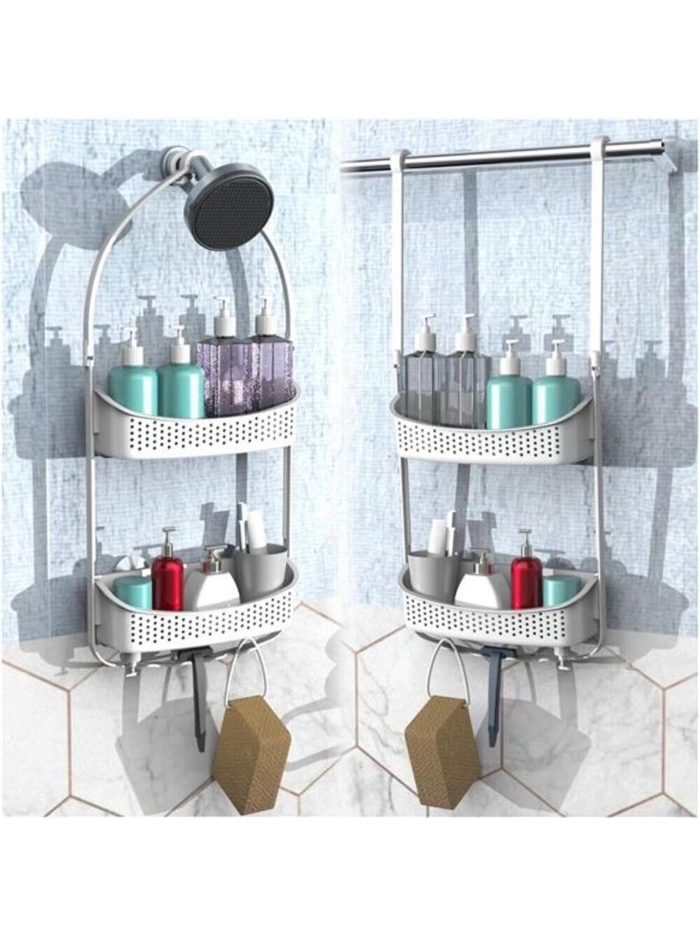 Shower Caddy Hanging Bathroom Organizer Rustproof Anti Swing 2 Tier Shelf Hooks